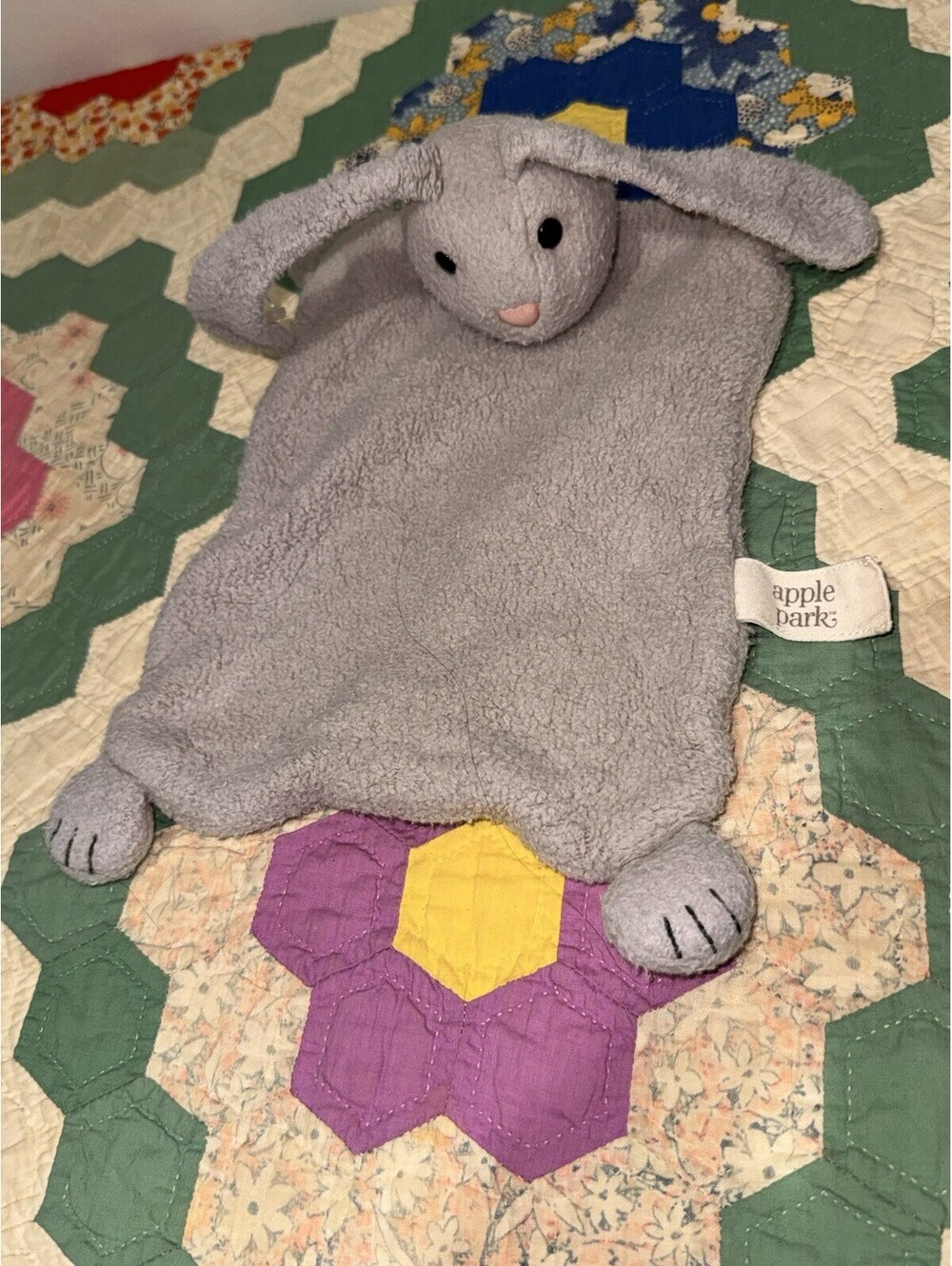 Apple Park Gray Fleece Soother Baby Bunny Lovey Flat Stuffed Security Blanket